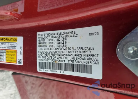 2023 Honda Accord Lx из США, поврежденный, VIN 1HGCY1F29PA050874